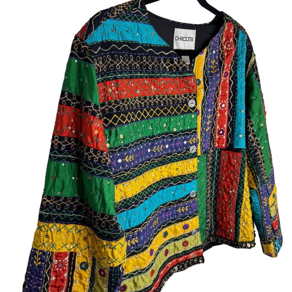 Chicos Multicolor Patchwork Embroidered Jacket 100% Cotton Boho Artsy Sz 3 XL/16 - Picture 9 of 9